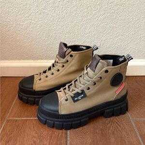 Palladium Tan and Black Combat Boots with Chunky Sole